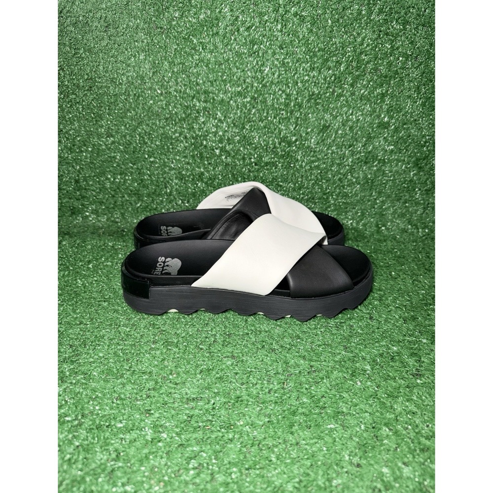 Sorel Womens Size 9 Viibe Sandals Platform Slide Black White Leather Strappy